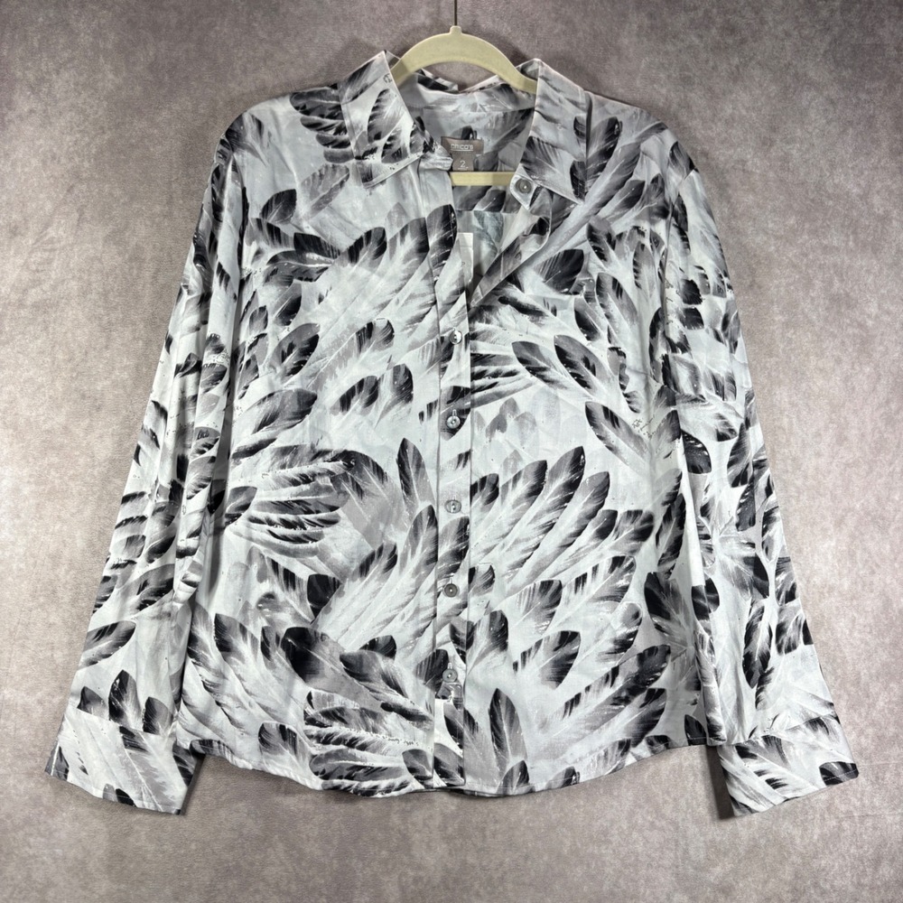 Chicos Button Down Shirt Women Size 2 US L Black Jardin Zyla Feather Print NEW